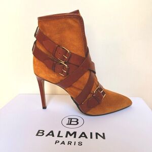 Balmain Multi Strap Suede Ankle Boots Brown Pointed Toe Stiletto EU 37.5 US 7